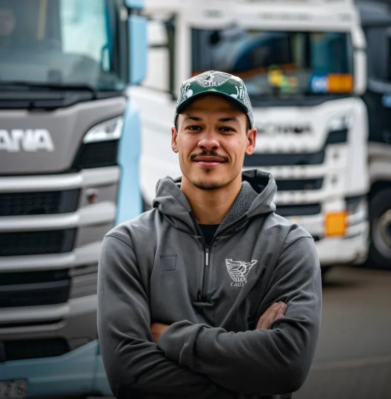 caminonero mirando a la camara de brazos cruzados sonriendo