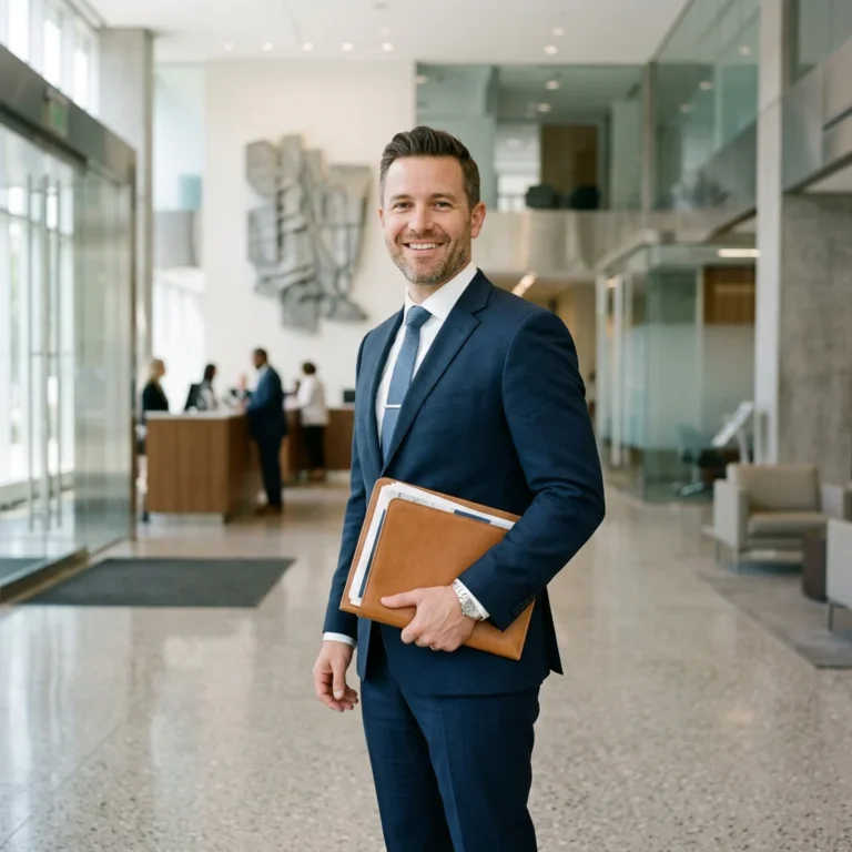 Hombre en traje mirando al frente y sonriendo dentro de una entidad bancaria