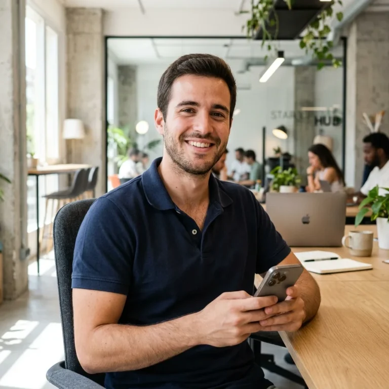hombre en una oficina sentado en una silla con su teléfono en mano